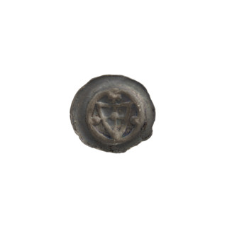 Denarius - bracteate: one-sided coin depicting a triangular shield with a cross whose arms reach