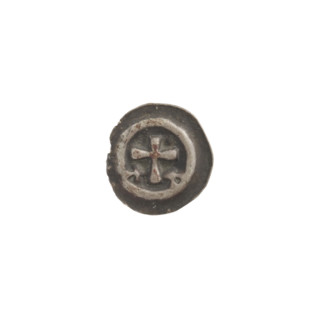 Denarius bracteate, one-sided coin featuring equal-armed crosses and a Latin cross with slightly