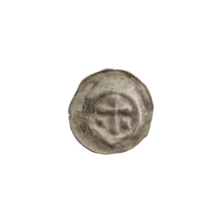Denarius bracteate, one-sided coin depicting a Latin cross with rounded arm ends; on both sides of