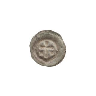 Denarius (bracteate), one-sided coin, featuring a Latin cross with rounded arm ends; on both sides