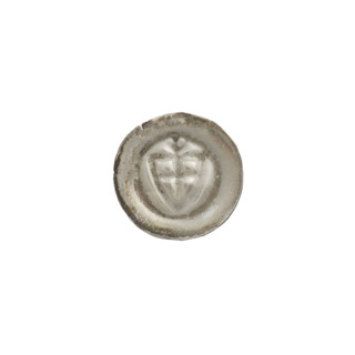 Denarius-bracteate; one-sided coin depicting a triangular shield with a cross whose arms reach the