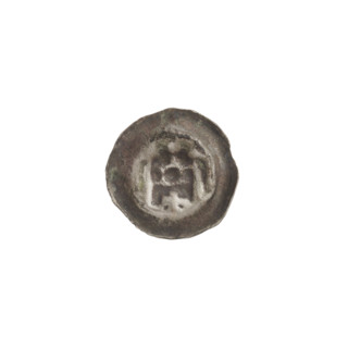 Denarius (bracteate). One-sided coin depicting a gate (Gate II) topped with three pillars