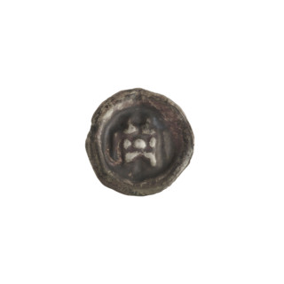 Denarius (bracteate). One-sided coin showing a gate (Gate II) topped with three pillars crowned by