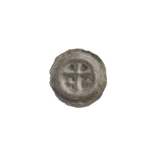 Denarius (bracteate), one-sided coin depicting a Latin cross with slightly widening arm tips; on