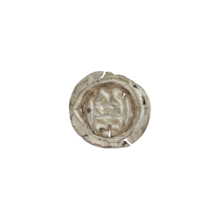 Denarius bracteate, one-sided coin depicting a gate (Gate II) topped with three pillars each