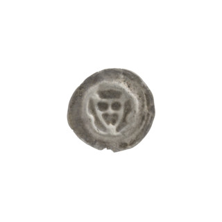 Denarius (bracteate). One-sided coin depicting a triangular shield with a cross whose arms reach