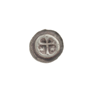 Denarius - bracteate; Latin cross with widening, split ends of its arms. On both sides of its