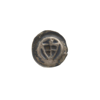 Denarius (bracteate), one-sided coin depicting a triangular shield with a cross whose arms reach