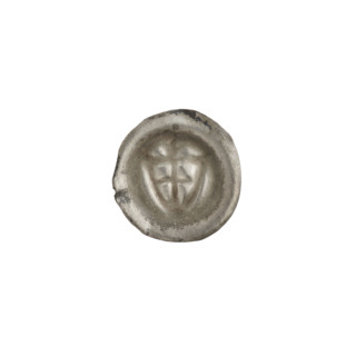 Denarius - bracteate; one-sided coin depicting a triangular shield with a cross whose arms reach