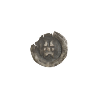 Denarius bracteate, one-sided coin depicting a gate (Gate II) topped with three pillars each