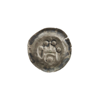 Denarius (bracteate). One-sided coin depicting a gate topped with a cross whose arms end in