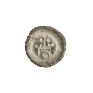 Denarius - bracteate: gate topped with a cross with a sphere at the end of its arms; one sphere at