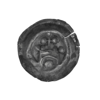 Denarius — bracteate: gate topped with a cross whose arms end in spheres; one sphere at each corner