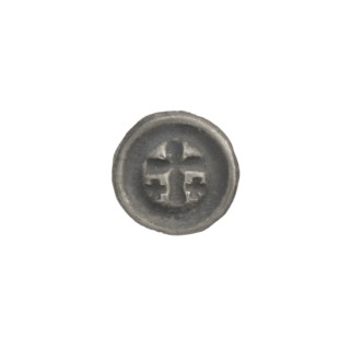 Denarius bracteate featuring a Latin cross with slightly widening arm tips; each side of the longer