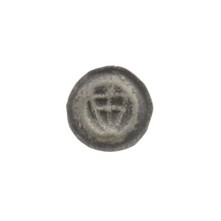 Denarius - bracteate; one-sided coin depicting a triangular shield with a cross whose arms reach