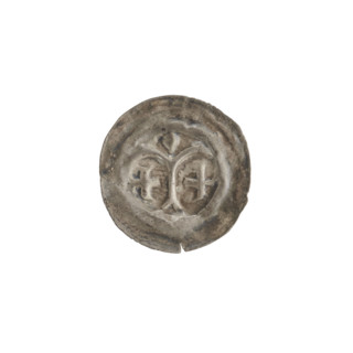Denarius (bracteate) showing arcades, columns, crosses, forked column, equal-armed cross, one-sided