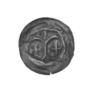 Denarius (bracteate). One-sided coin showing a forked column topped with a sphere and two arches at
