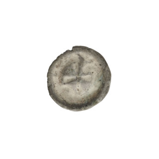 Denarius bracteate, one-sided coin featuring an isosceles cross with widening arms; in one angle