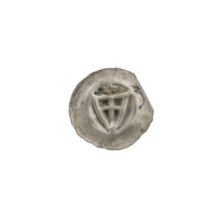 denarius - bracteate, triangular shield with a cross with arms reaching its edge; above the shield,