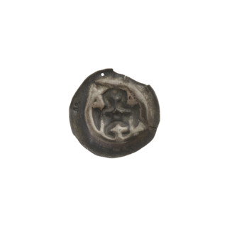 Denarius (bracteate). Design: Gate II (iconographic) — gate topped with three pillars crowned by