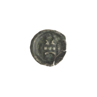 Denarius - bracteate, gate topped with three pillars topped with balls; illegible sign under the