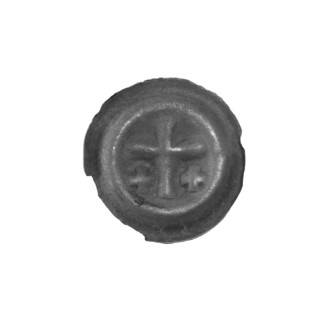 Denarius bracteate; one-sided coin featuring a Latin cross with slightly widening arm tips, with an