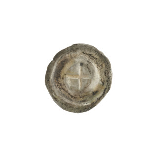 Denarius bracteate with equal-armed cross; one-sided coin showing a cross with illegible signs