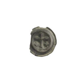 Denarius (bracteate), one-sided coin; depicts a Latin cross with slightly widening arm ends, with