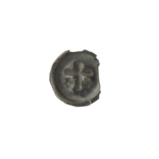 Denarius bracteate coin, one-sided; imagery: Latin cross with slightly widening arm ends, with an