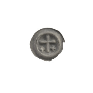 Denarius (bracteate); one-sided coin featuring a Latin cross with slightly widening arm ends. On