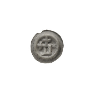 Denarius bracteate, rectangle-D (iconographic); one-sided silver coin featuring a rectangular