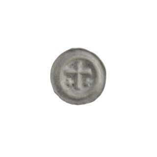 Denarius (bracteate); one-sided coin depicting a Latin cross with slightly widening arm ends; on