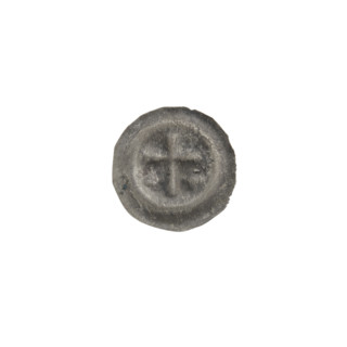 Denarius bracteate coin, one-sided, featuring a Latin cross with slightly widening arm ends; on