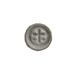 Denarius bracteate; one-sided coin featuring a Latin cross with slightly widening arm ends; on each