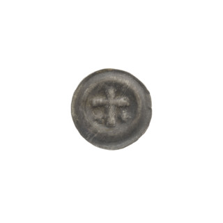 Denarius (bracteate), one-sided coin showing a Latin cross with slightly widening arm tips; on each