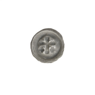 Denarius bracteate, one-sided coin depicting a Latin cross with slightly widening arm ends; on each