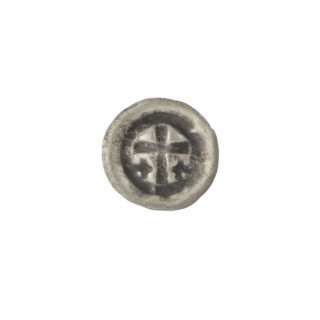 Denarius bracteate featuring a Latin cross with slightly widening arm tips; on each side of its