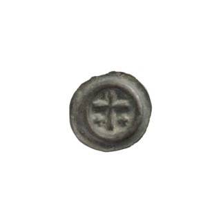 Denarius bracteate, one-sided coin depicting a Latin cross with slightly widening arm ends; on each