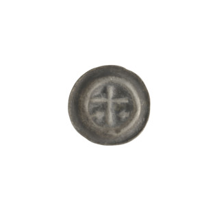 Denarius (bracteate), one-sided coin depicting a Latin cross with slightly widening arm tips; on