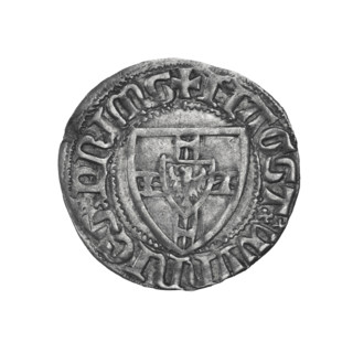 Teutonic szelag, Winrych von Kniprode (Grand Master; 1351–1382). Obverse: monastic shield of the