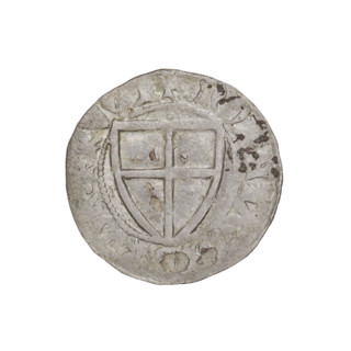 Teutonic szelag, Henryk von Plauen (Grand Master; 1410–1413). Obverse: monastic shield of the Grand