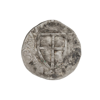 Teutonic szelag, Ulrich von Jungingen (Grand Master, 1407–1410). Obverse: monastic shield of the