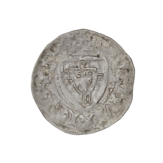 Teutonic szelag, Ulrich von Jungingen (Grand Master; 1407–1410). Obverse: monastic shield of the