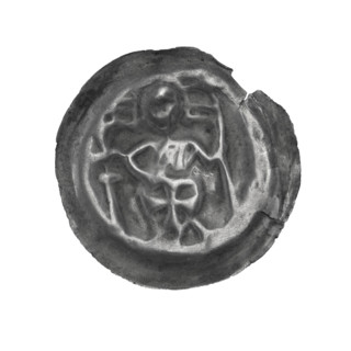 denarius - bracteate, R6 (rarity); subject: standing knight with pennant, cross, and Teutonic