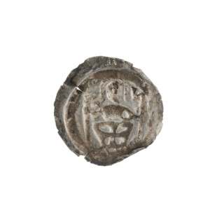 denarius - bracteate, R6 (rarity), knights, treasure from Wielen (numism), AR mark, pennants,