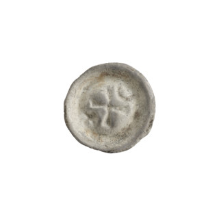 Denarius (bracteate), one-sided coin depicting an isosceles cross with widening arms; in one angle