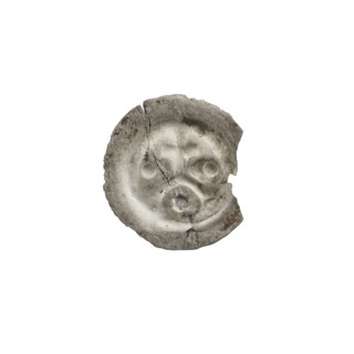 Denarius bracteate depicting a cross on arcade (iconographic) with balls and rings; one-sided coin