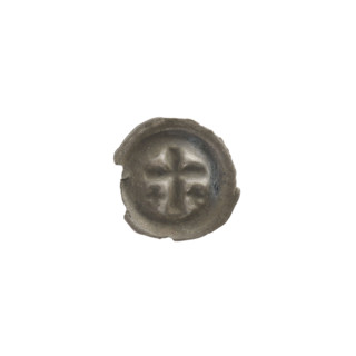 Denarius (bracteate), one-sided coin featuring a Latin cross with slightly widening arm tips; on