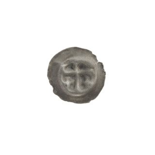denarius - bracteate, Latin cross with slightly widening arm ends; on each side of its longer arm,
