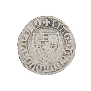 Teutonic szelag, Konrad Zöllner von Rothenstein (Grand Master; 1382–1390). Obverse: Teutonic shield